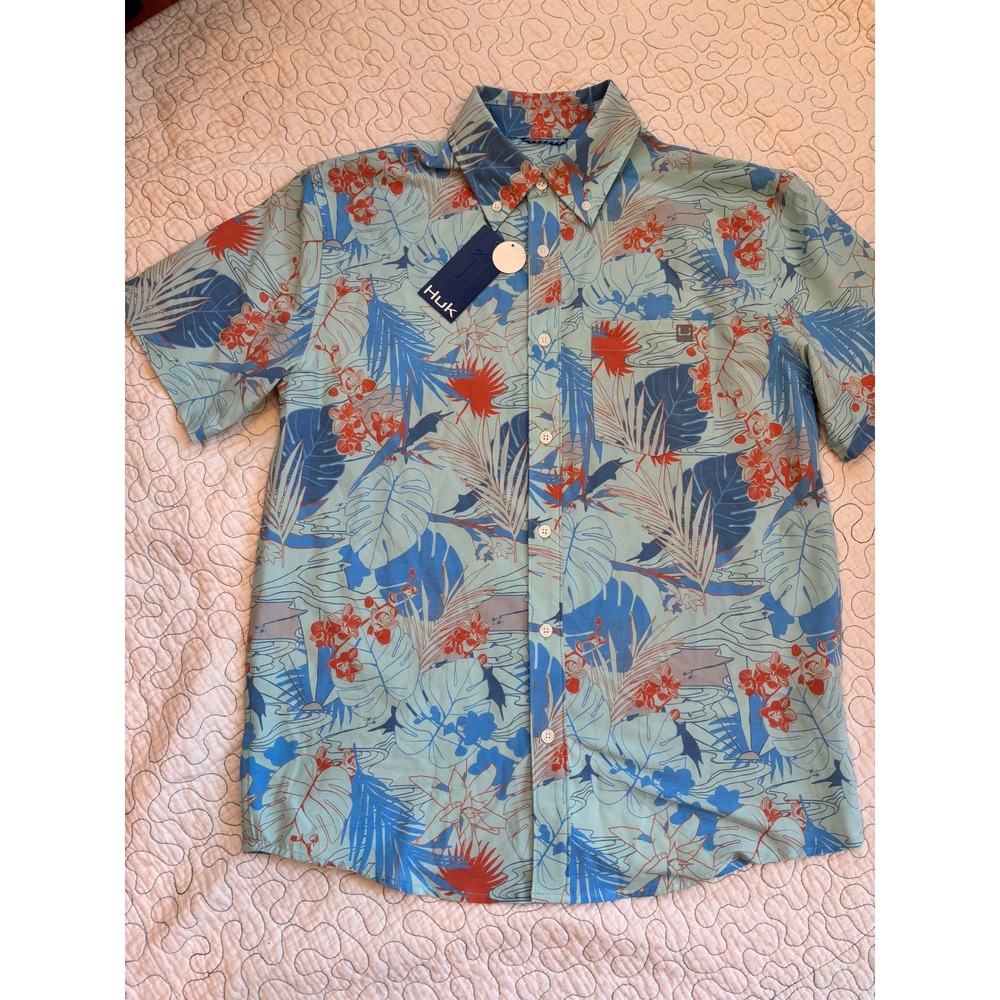 Huk Fishing Mens Tropical Floral Short Sleeve Button Up Shirt Size Small #52